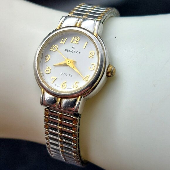 Peugeot Ladies Two-Tone Quartz Watch Japan Movt Stretch Band Runs Great - Picture 3 of 7